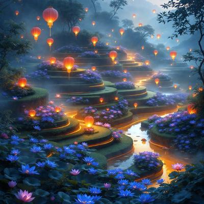 The primary subject of the image is a beautiful garden with a waterfall and a pathway. The garden is filled with purple flowers and lit lanterns, creating a serene and enchanting atmosphere. The setting is a lush, green environment with a waterfall and a pathway that leads to a mountain. The visual style of the image is a combination of digital art and illustration, with the vibrant colors and intricate details of the flowers and lanterns. The overall mood of the image is one of
